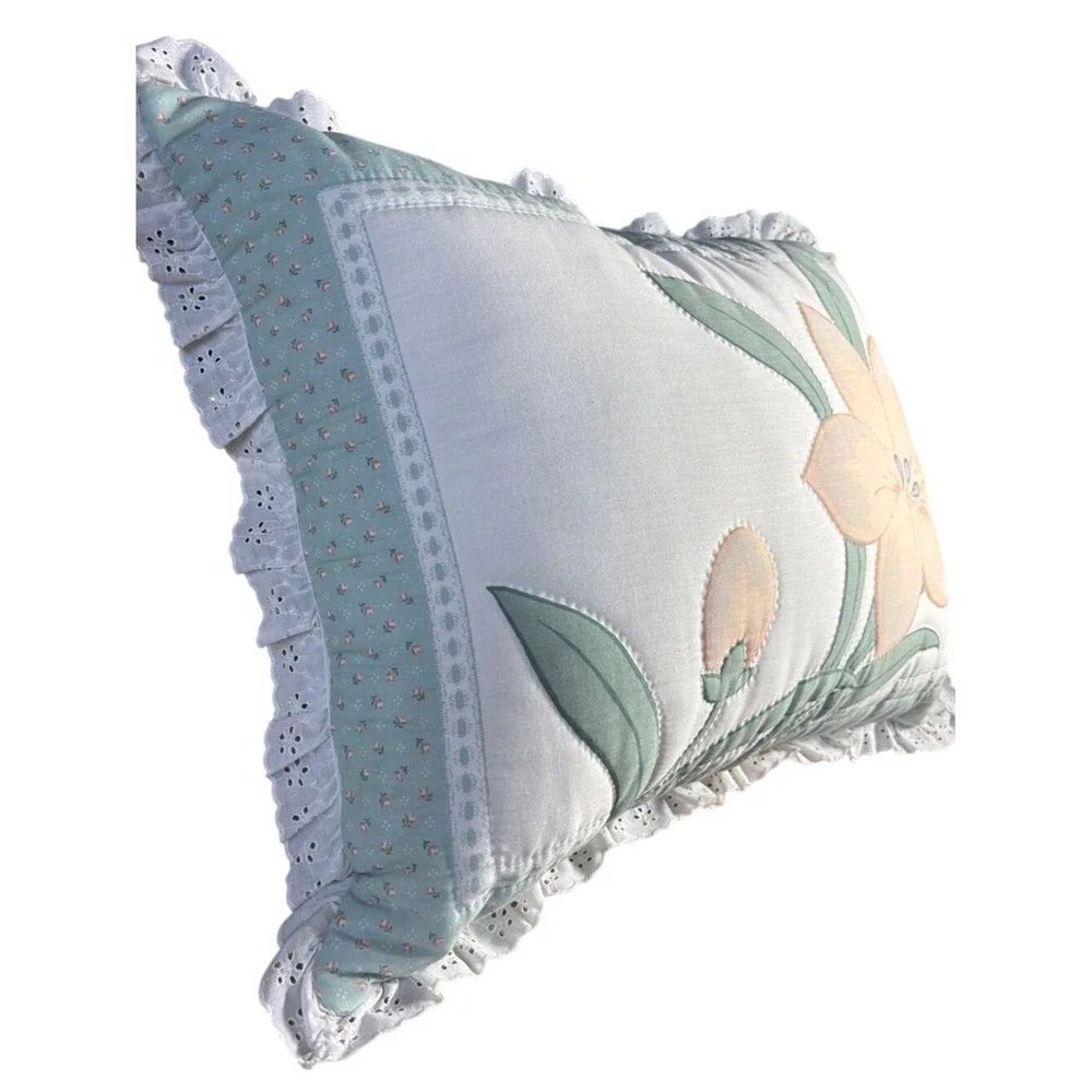 Vintage Oversized Quilted Tiger Lilly Decorative Pillow w/Ruffle CottageCore 80s